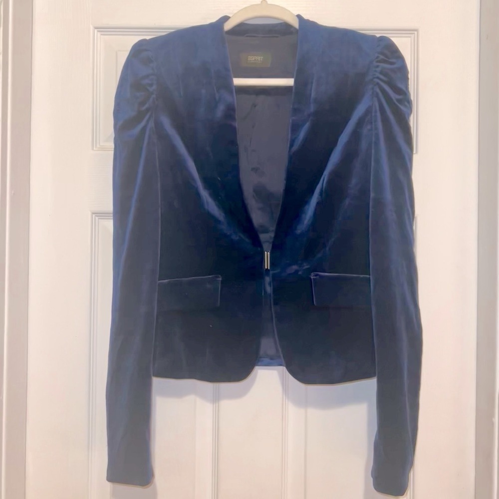 ESPRIT Navy Velvet Blazer with Puff Shoulders And Pleated Detail
